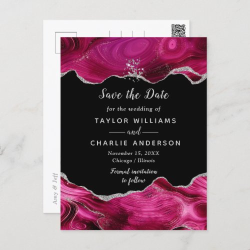 Silver and Pink Agate Wedding Save The Date Postcard
