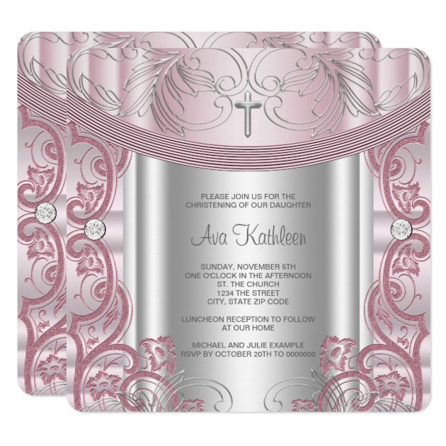 Silver And Pink Baby Girl Christening Invitation