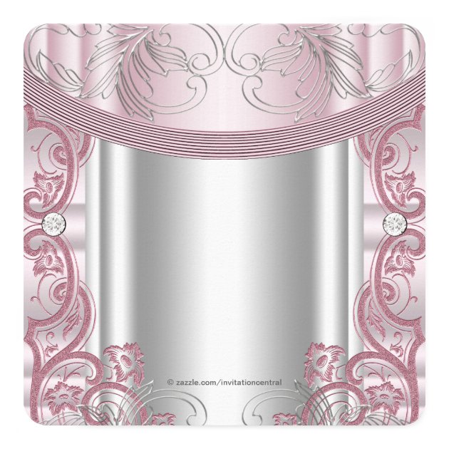 Silver And Pink Baby Girl Christening Invitation