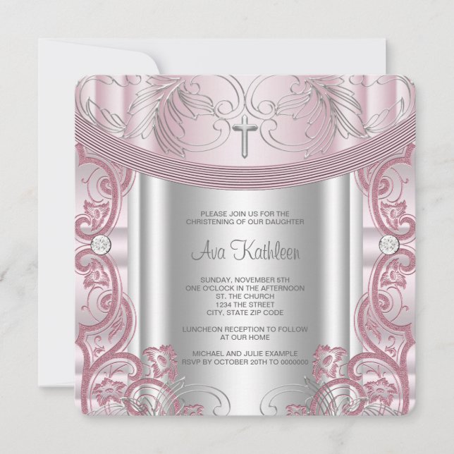 Silver and Pink Baby Girl Christening Invitation (Front)