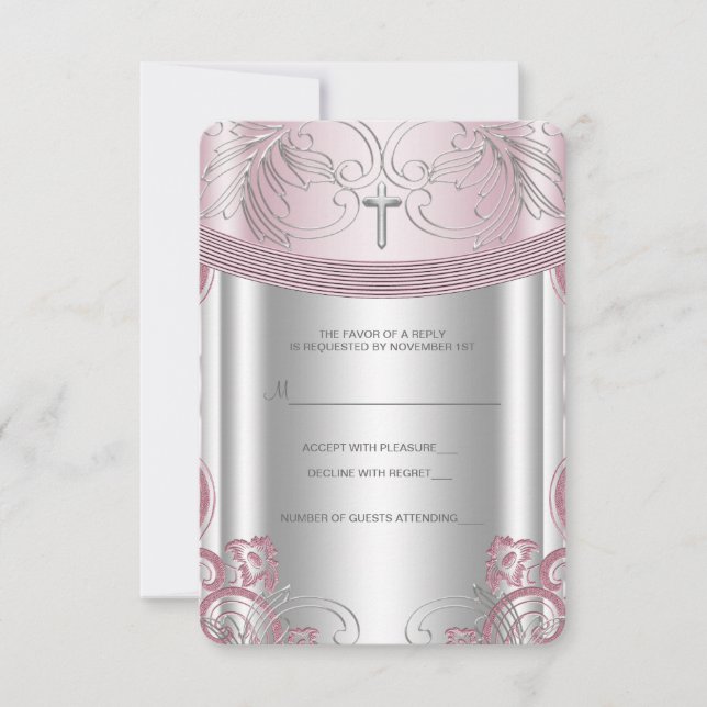 Silver and Pink Baby Girl Christening RSVP Card (Front)