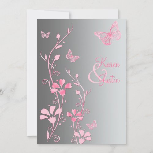 Silver and Pink Butterflies Wedding Invitation