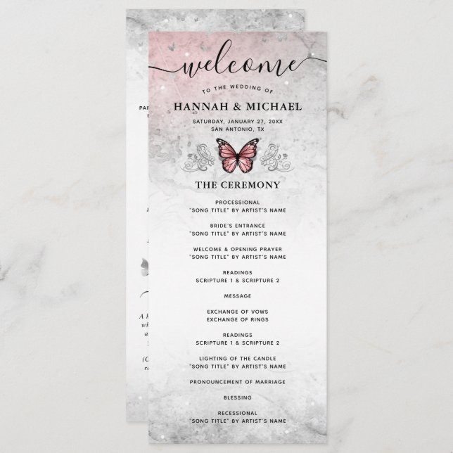 Silver and Pink Butterfly Wedding Program (Front/Back)