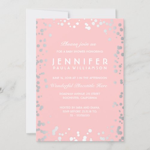 Silver and Pink Confetti Dots Vintage Baby Shower Invitation - Pink and silver confetti elegant modern baby shower invitation