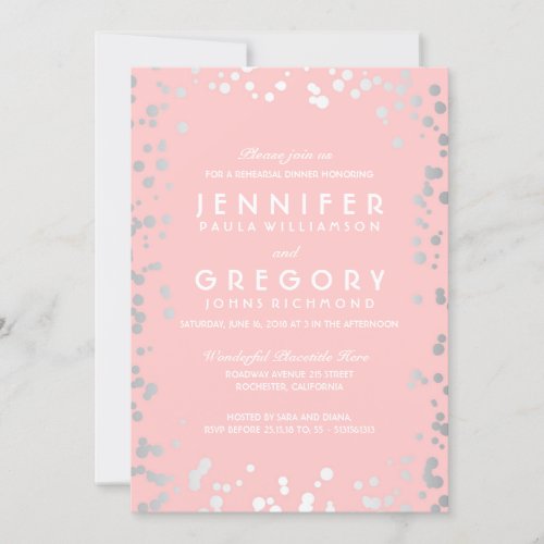 Silver and Pink Confetti Vintage Rehearsal Dinner Invitation - Pink and silver grey confetti elegant rehearsal dinner invitation