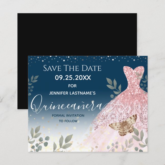 Silver and Pink Dress Quinceanera Save the Date (Front/Back)