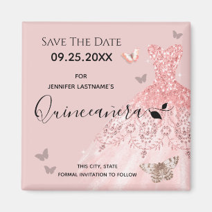 Silver and Pink Dress Quinceanera Save the Date Magnet