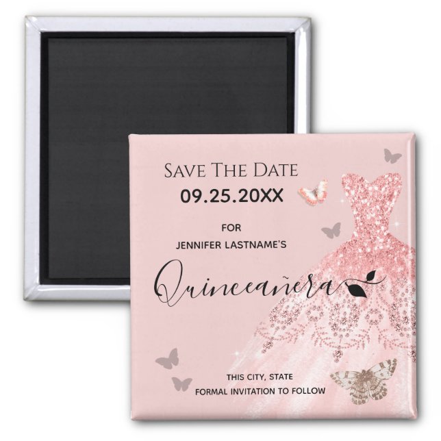 Silver and Pink Dress Quinceanera Save the Date Magnet (Front)