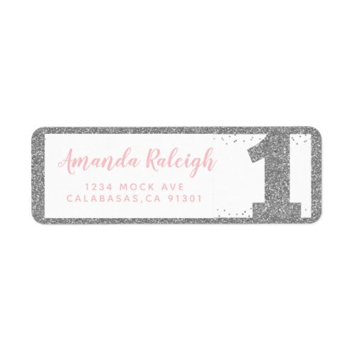 Silver and Pink Faux Glitter First Birthday Label