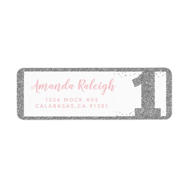 Silver and Pink Faux Glitter First Birthday Label (Front)