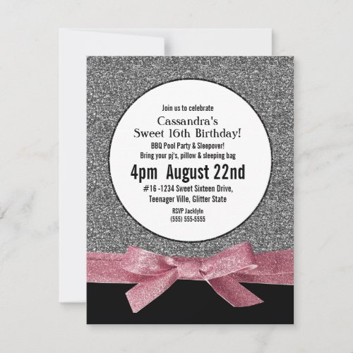Silver and Pink Faux Glitter Girly Party Invitation