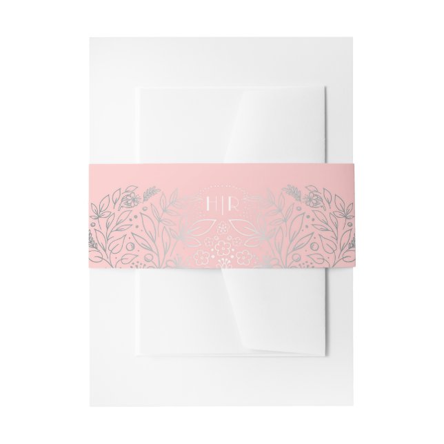 Silver and Pink Floral Garden Bouquet Monogram Invitation Belly Band (Front Example)