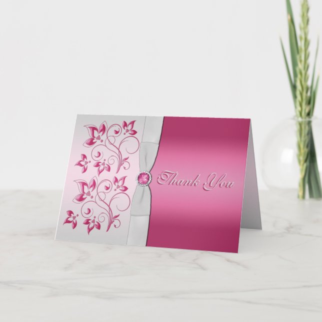 Silver and Pink Floral Thank You Card (Front)
