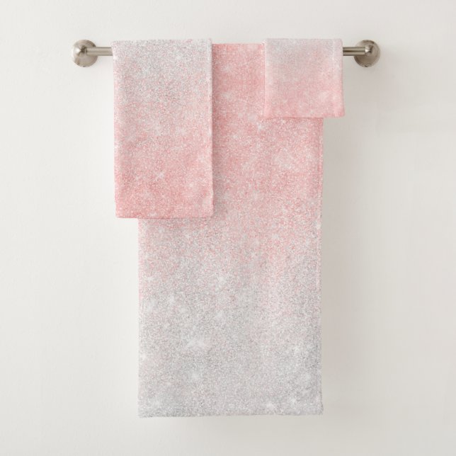 Silver and Pink Glitter Ombre Luxury Design Bath Towel Set (Insitu)
