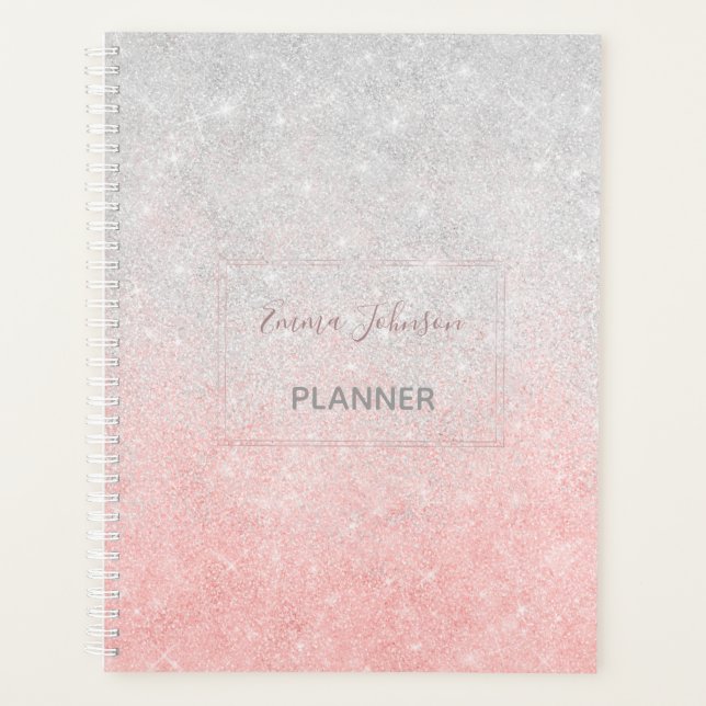Silver and Pink Glitter Ombre Luxury Design Planner (Front)