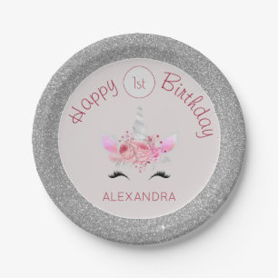 Silver and Pink Glitter Unicorn 1st Birthday Paper Plates