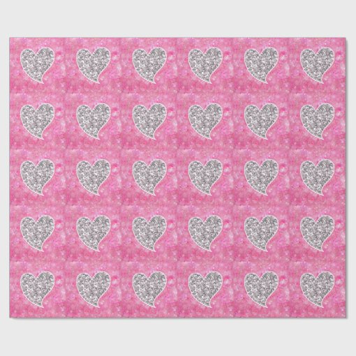 Silver and Pink Glittery Hearts Wrapping Paper | Zazzle