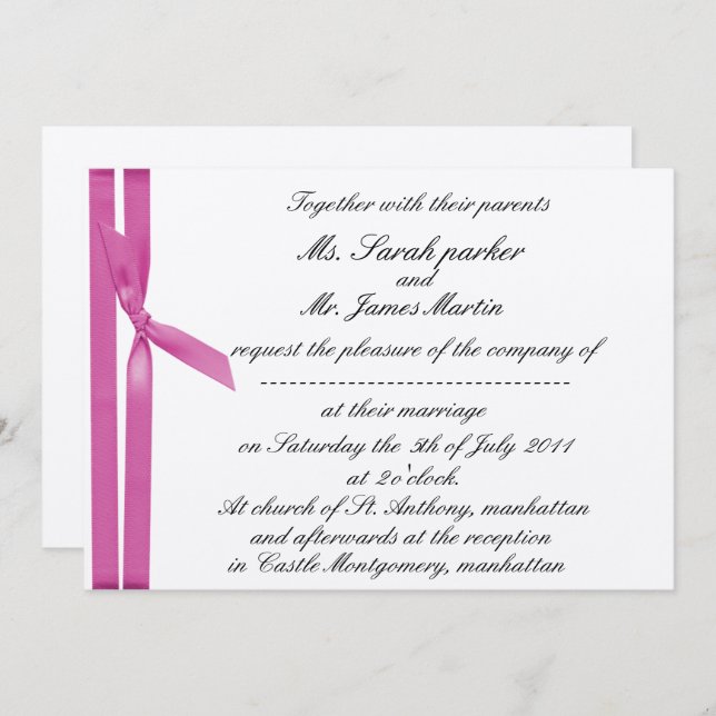 Silver and pink ribbon metallic invite (Front/Back)