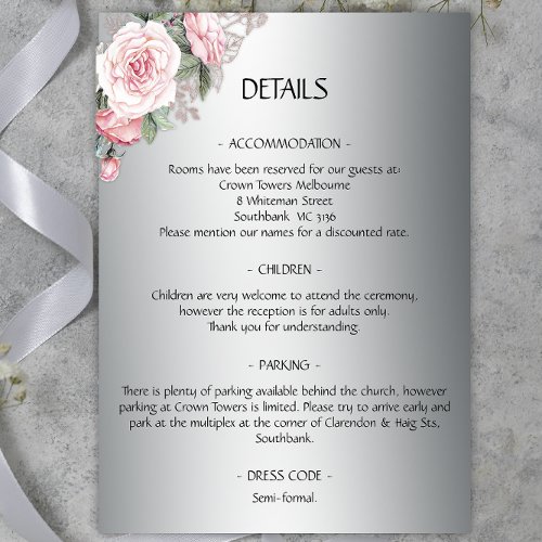 Silver and Pink Rose Wedding Details Enclosure Card