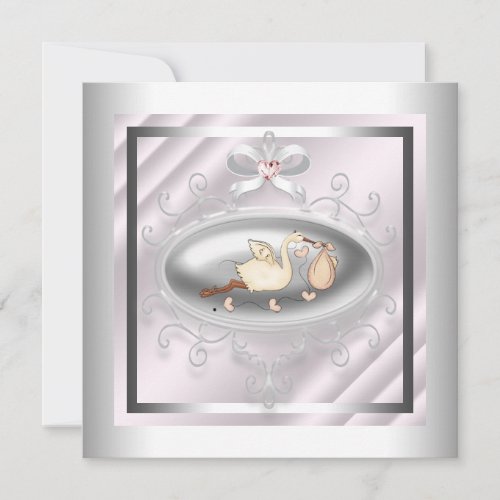 Silver and Pink Stork Baby Girl Shower Invitation