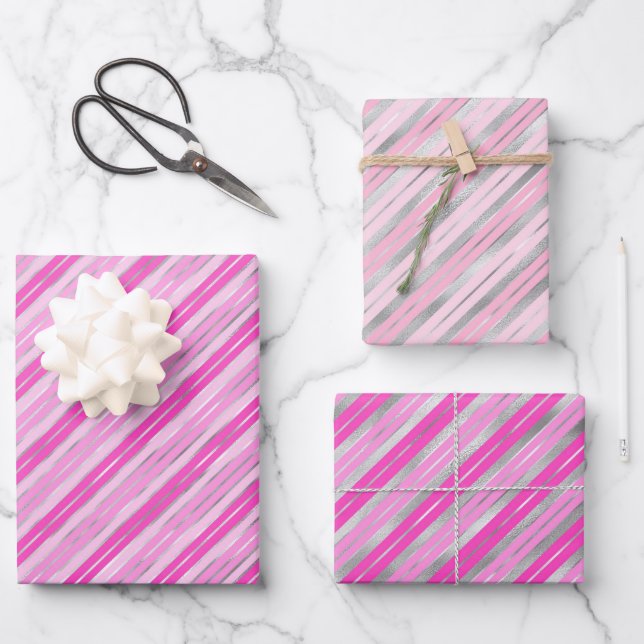Silver and Pink Stripes Wrapping Paper Sheets (Front)