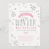 Silver and Pink Winter Onederland First Birthday Invitation (Front/Back)