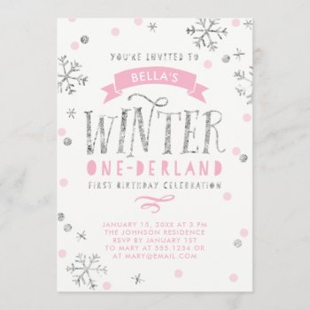 Silver And Pink Winter Onederland First Birthday Invitation by NBpaperco at Zazzle