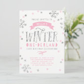 Silver and Pink Winter Onederland First Birthday Invitation (Standing Front)