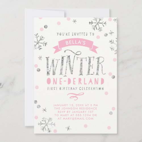 Silver and Pink Winter Onederland First Birthday Invitation