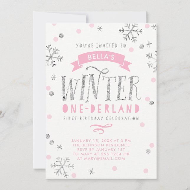 Silver and Pink Winter Onederland First Birthday Invitation (Front)