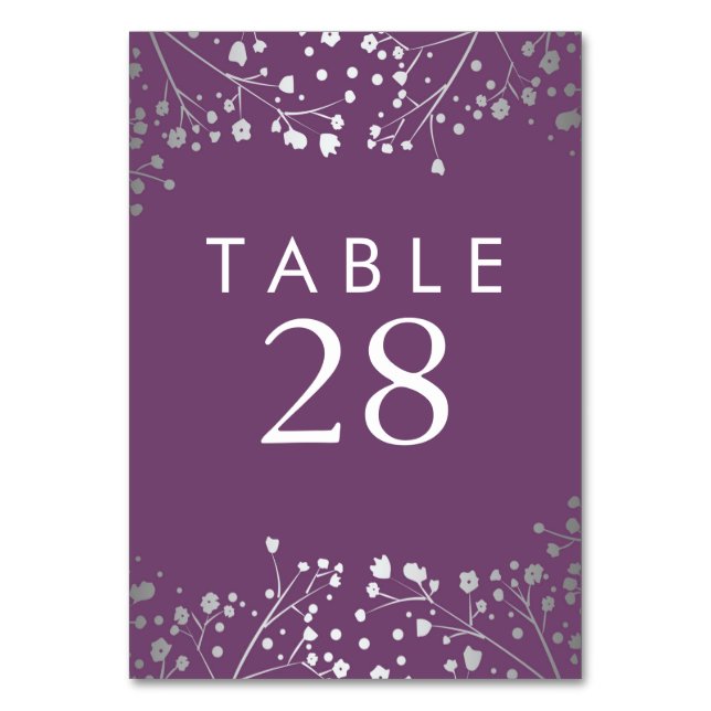 Silver and Plum Baby's Breath Wedding Table Number (Front)
