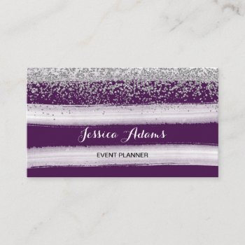 Silver And Plum Purple Stripes Watercolor Business Card by melanileestyle at Zazzle