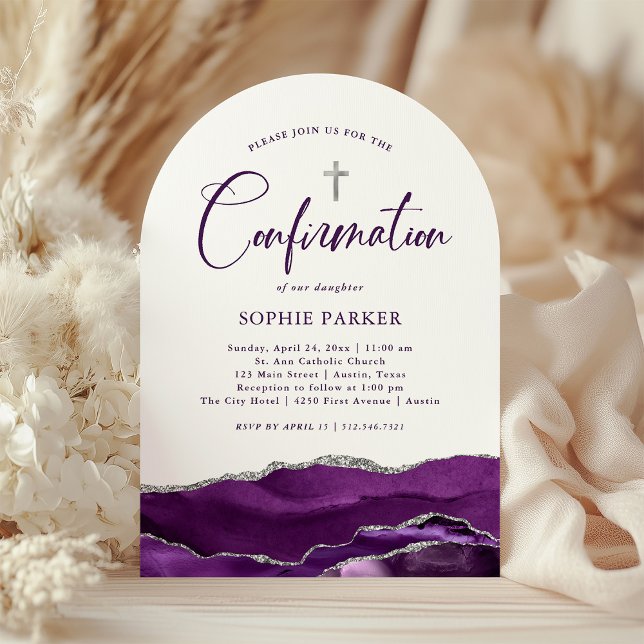 Silver and Purple Agate and Cross | Confirmation Invitation (Creator Uploaded)