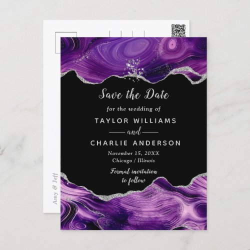 Silver and Purple Agate Wedding Save The Date Postcard