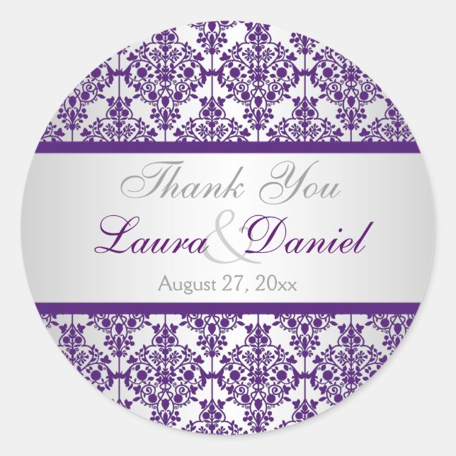 Silver and Purple Damask 1.5" Thank You Sticker (Front)