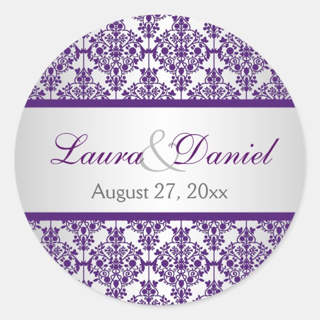 Silver and Purple Damask 1.5" Wedding Sticker (Front)