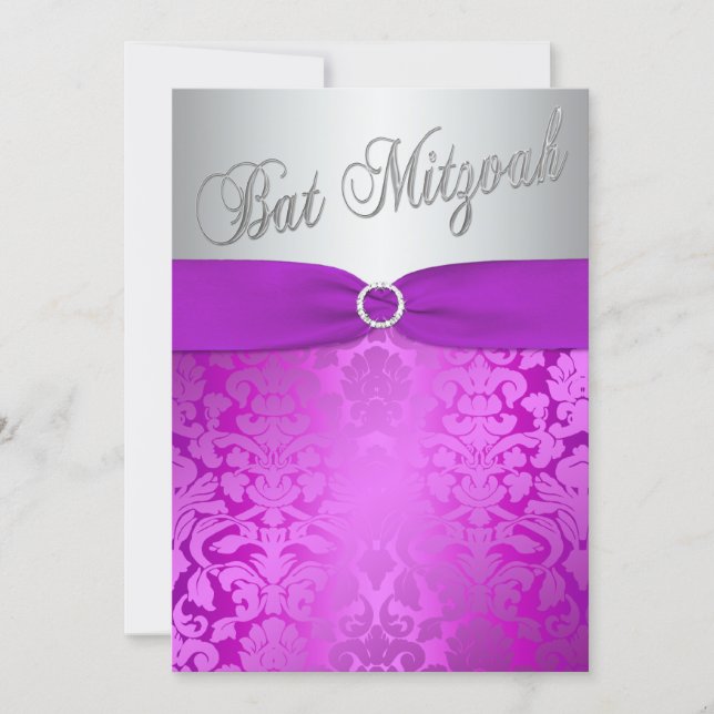 Silver and Purple Damask Bat Mitzvah Invitation (Front)