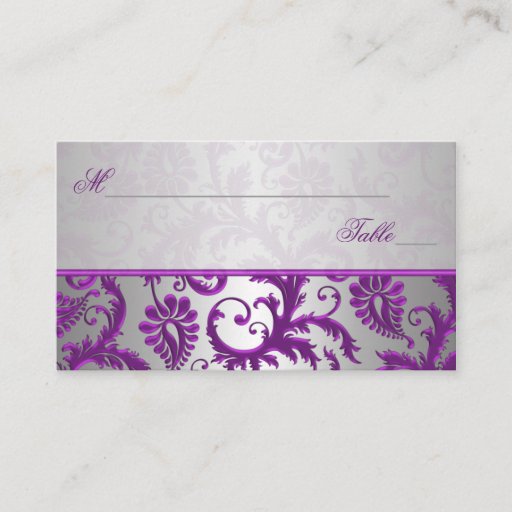 Customizable Silver and Purple Damask II Place Cards Business Card Templates