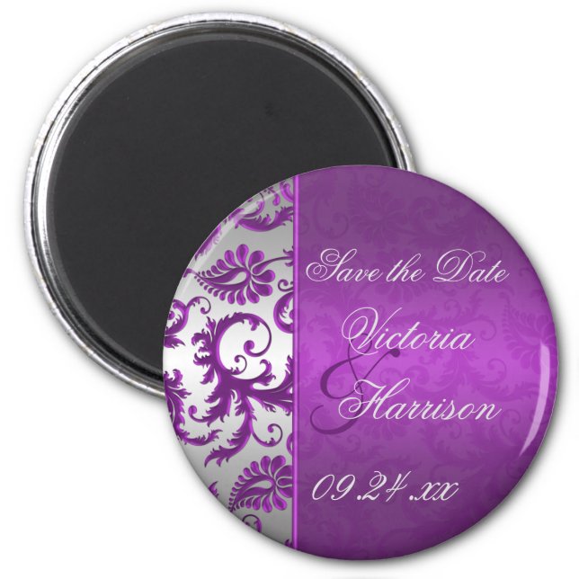 Silver and Purple Damask II Save the Date Magnet (Front)