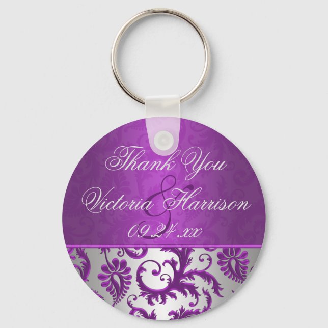 Silver and Purple Damask II Wedding Favor Keychain (Front)