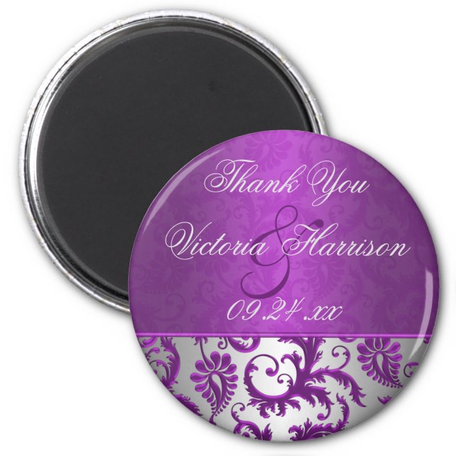 Silver and Purple Damask II Wedding Favor Magnet (Front)