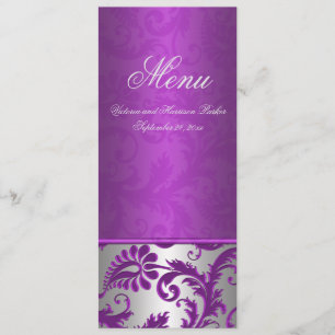 Silver and Purple Damask II Wedding Menu Card