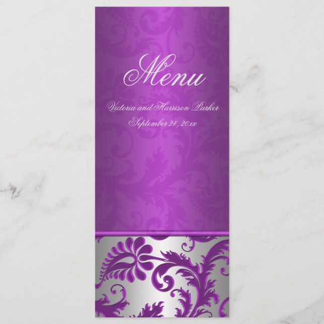 Silver and Purple Damask II Wedding Menu Card (Front)