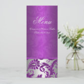 Silver and Purple Damask II Wedding Menu Card (Standing Front)