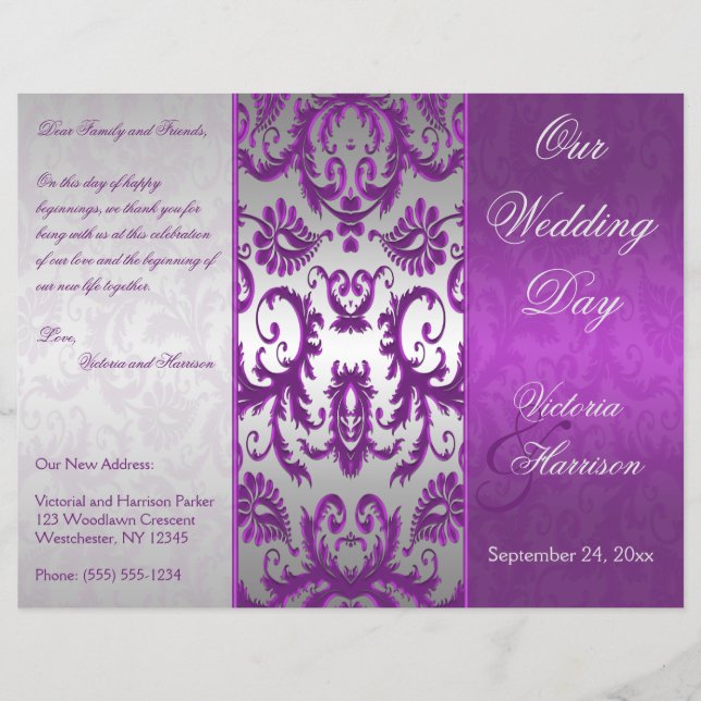 Silver and Purple Damask II Wedding Program (Front)