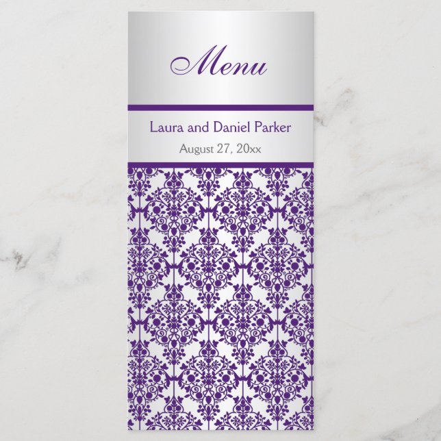 Silver and Purple Damask Menu Card (Front)