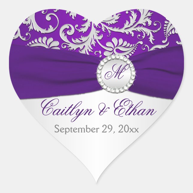 Silver and Purple Damask Monogram Wedding Sticker (Front)
