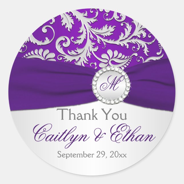 Silver and Purple Damask Monogram Wedding Sticker (Front)