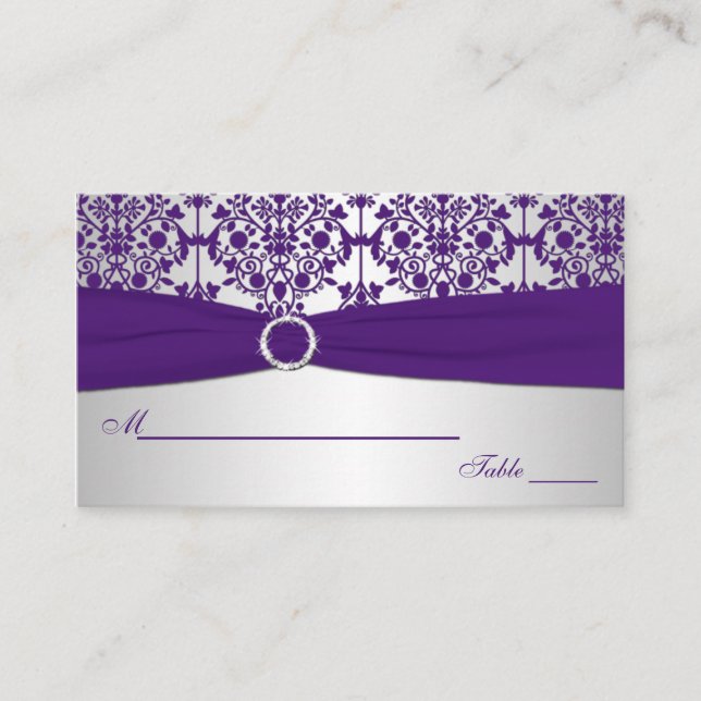 Silver and Purple Damask Place Cards (Front)