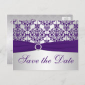 Silver and Purple Damask Save the Date Card (Front/Back)